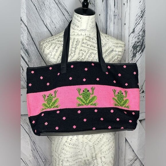 Needlepoint & Leather Tote Handbag w/Frogs - Picture 2 of 9